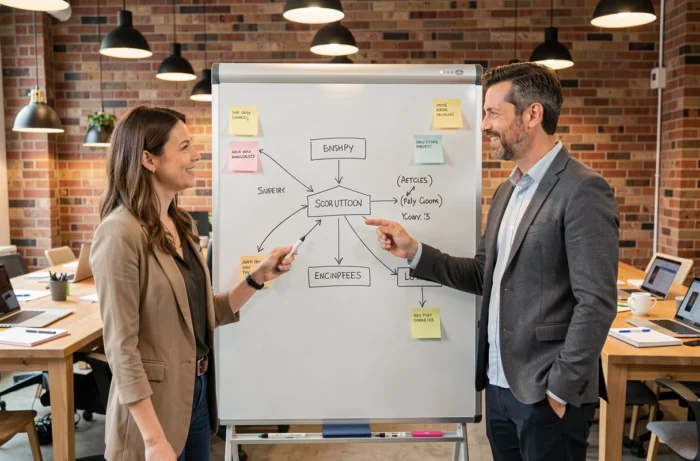 Deux développeurs web discutant de l'architecture d'un sitemap dessiné sur un tableau blanc dans un espace collaboratif