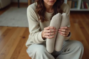 Femme étirant des chaussettes en laine à la main pour les élargir sur un parquet en bois dans un intérieur chaleureux