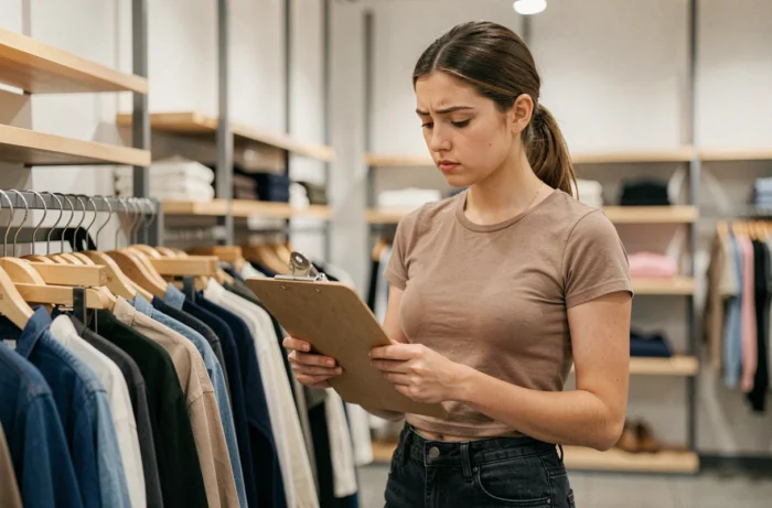 Employée de boutique de mode debout près d'un portant vide dans un magasin en cours de fermeture à Reims