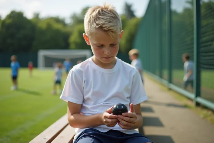 Enfant asthmatique utilisant un débitmètre de pointe lors d'une pause sportive sur un terrain de football