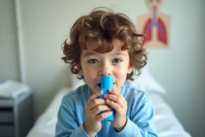 Jeune garçon utilisant un inhalateur dans un cabinet médical pour gérer son asthme