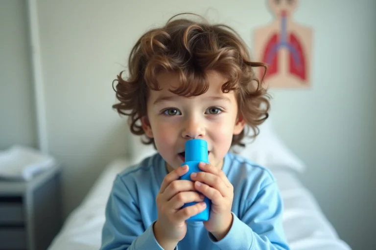 Jeune garçon utilisant un inhalateur dans un cabinet médical pour gérer son asthme