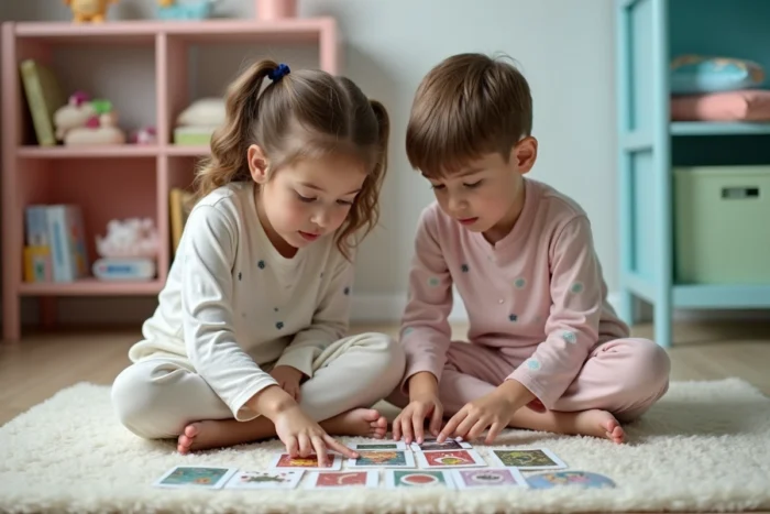 Deux enfants jouant aux cartes assis sur un tapis dans une chambre aux tons pastels