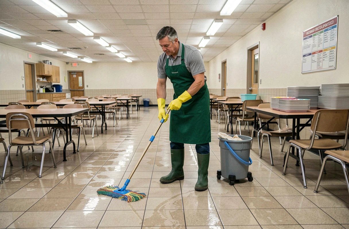 Agent d'entretien passant la serpillière dans une cantine scolaire vide après le service du déjeuner
