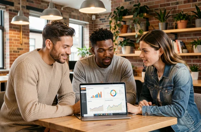 Équipe de collègues analysant les tendances de l'actualité en temps réel sur un ordinateur portable dans un espace de co-working