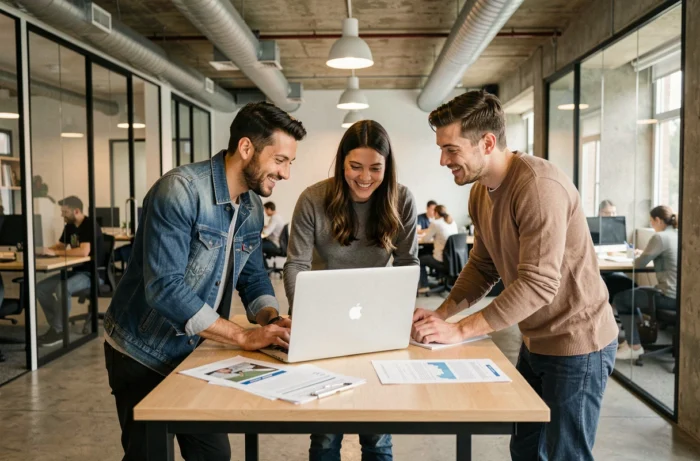 Petite équipe de freelances collaborant autour d'un bureau partagé dans un espace de coworking moderne