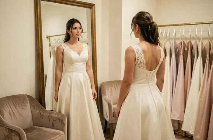 Jeune mariée essayant une robe de mariée en dentelle ivoire dans une boutique élégante à Nantes, reflétée dans un grand miroir en bois