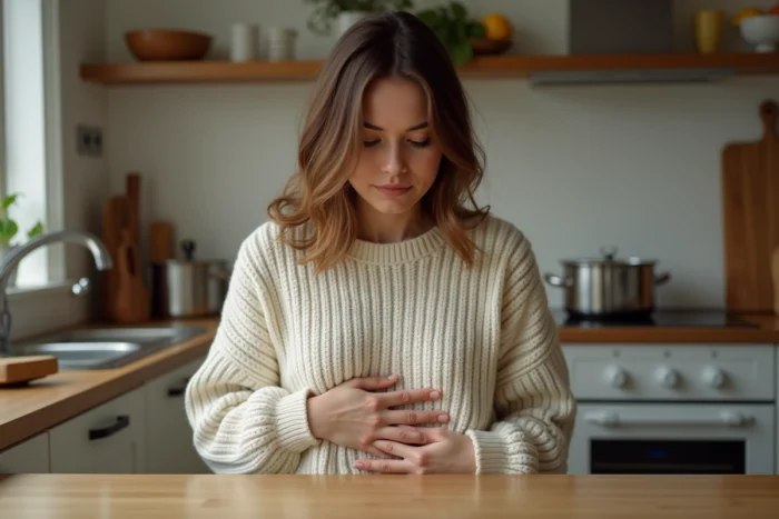 Femme appuyant ses mains sur son ventre criant famine dans une cuisine chaleureuse