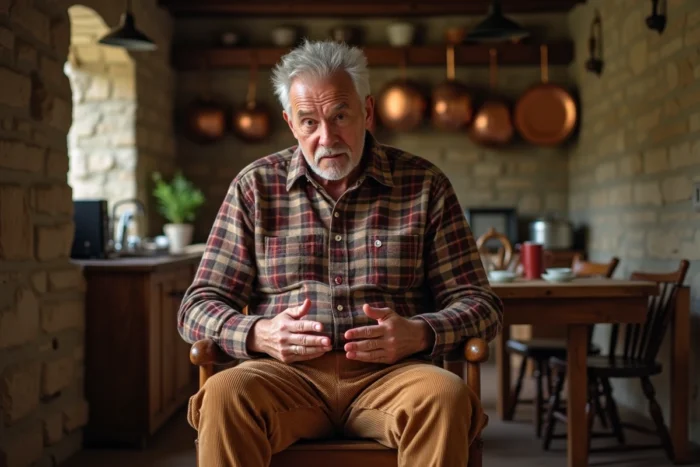 Homme en cuisine provinciale regardant ses chaussettes avec un air comique illustrant 'j'ai l'estomac dans les chaussettes'