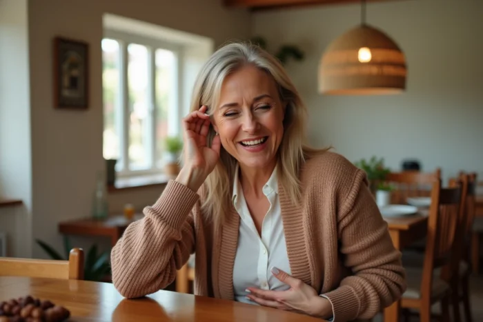 Femme qui tend l'oreille vers son ventre gargouillant illustrant 'mon estomac fait de la musique'