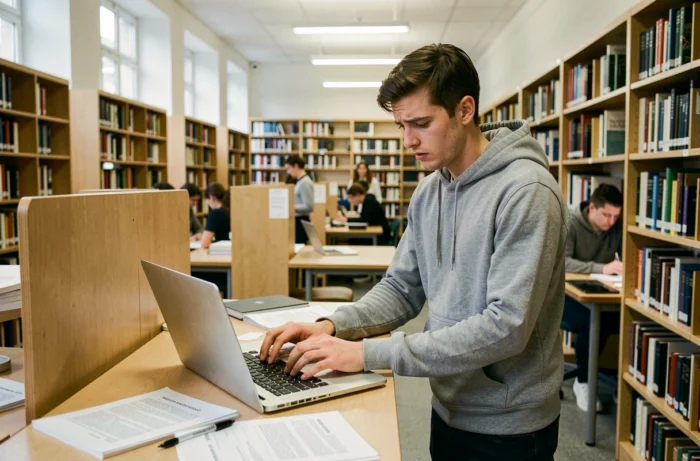 Étudiant révisant les conditions d'admission de Paris 13 dans une bibliothèque universitaire moderne