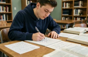Étudiant universitaire travaillant sur des formules trigonométriques sin et cos dans une bibliothèque