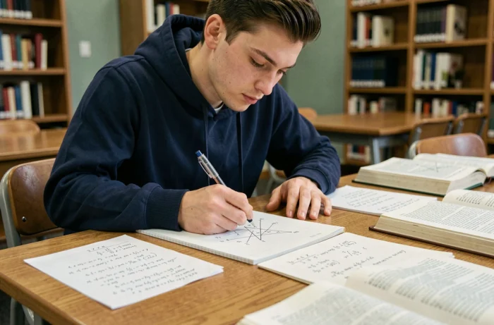 Étudiant universitaire travaillant sur des formules trigonométriques sin et cos dans une bibliothèque