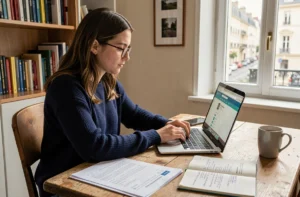 Jeune étudiante complétant sa candidature en ligne pour Paris 13 sur un ordinateur portable dans un appartement parisien