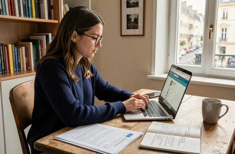 Jeune étudiante complétant sa candidature en ligne pour Paris 13 sur un ordinateur portable dans un appartement parisien