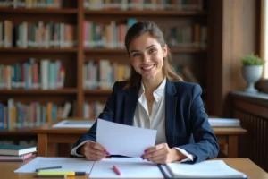 Étudiante en blazer navy révisant ses notes d'examen BCE avec une expression concentrée dans une bibliothèque universitaire