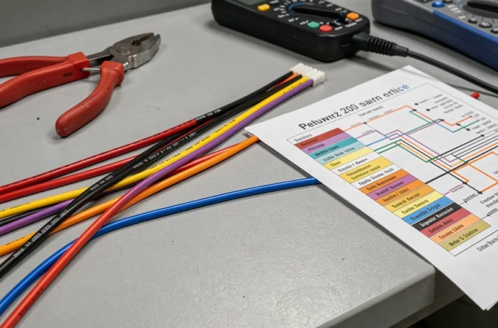 Faisceau de fils autoradio Peugeot 207 avec code couleur et schéma de câblage posé sur un établi d'atelier