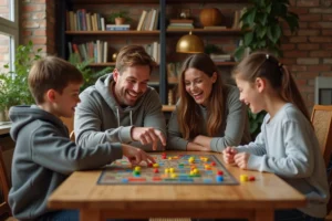 Famille de quatre personnes jouant à un jeu de société autour d'une table en bois dans un salon chaleureux