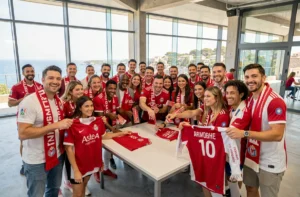 Fans de l'AS Monaco en maillot rouge et blanc lors de l'événement ASM Vizu, attendant des autographes dans une salle moderne avec vue sur la côte méditerranéenne