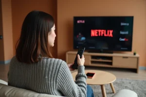 Femme activant Netflix sur sa télévision avec un abonnement Canal Plus depuis son canapé