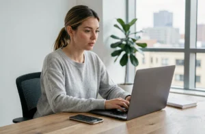 Femme consultant l'actualité numérique et high-tech sur un ordinateur portable dans un bureau moderne à domicile