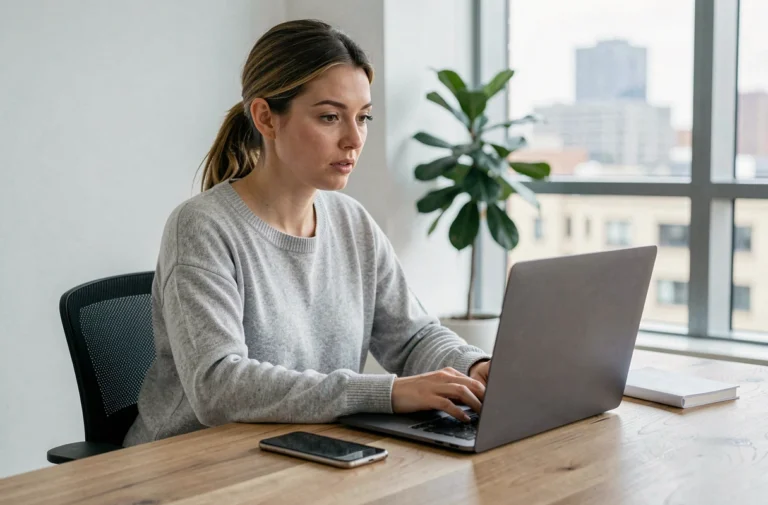 Femme consultant l'actualité numérique et high-tech sur un ordinateur portable dans un bureau moderne à domicile