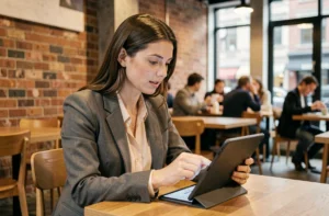 Femme lisant les actualités du moment sur une tablette dans un café moderne en ville