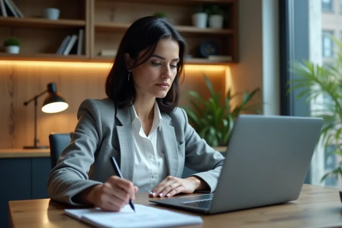 Femme analysant les résultats du Keno midi sur un ordinateur portable au bureau