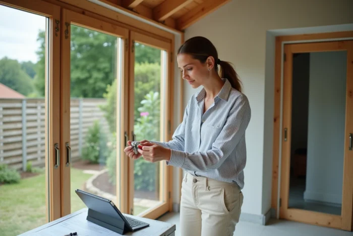 Femme consultant une notice d'assemblage sur tablette à l'intérieur d'une véranda en kit en cours d'installation