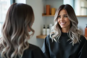 Femme brune aux cheveux gris blending naturel assise dans un salon de coiffure moderne, reflet dans le miroir