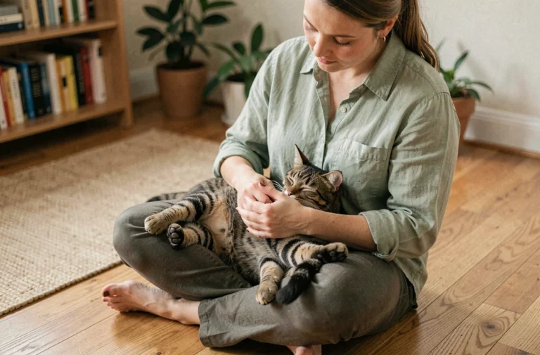Femme sereine en chemise verte caressant son chat tigré sur un parquet en chêne dans un salon chaleureux