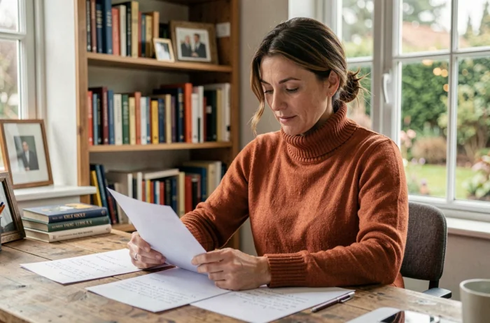 Femme connue travaillant dans son bureau à domicile, illustrant le parcours professionnel et personnel d'Amandine Atalaya