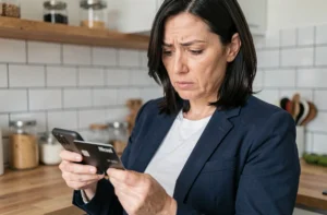 Femme consultant les plafonds de son compte Nickel sur smartphone avec sa carte bancaire en main