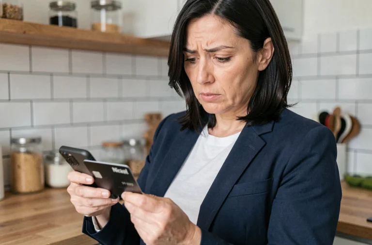 Femme consultant les plafonds de son compte Nickel sur smartphone avec sa carte bancaire en main