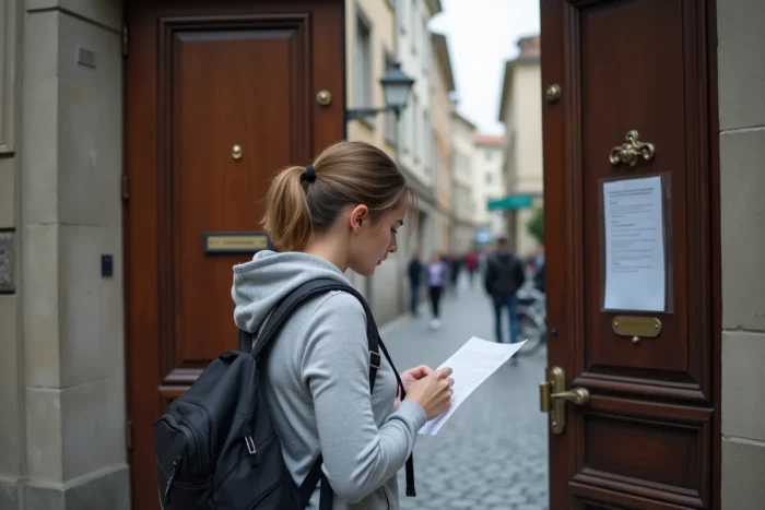 Jeune femme lisant une notice affichée devant l'entrée d'un consulat étranger suite à un problème de visa expiré