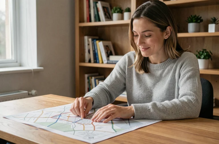 Femme consultant un plan de site imprimé sur un bureau en bois dans un bureau à domicile moderne