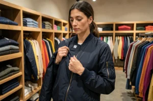 Femme consultant l'étiquette de taille d'un blouson dans une boutique de vêtements