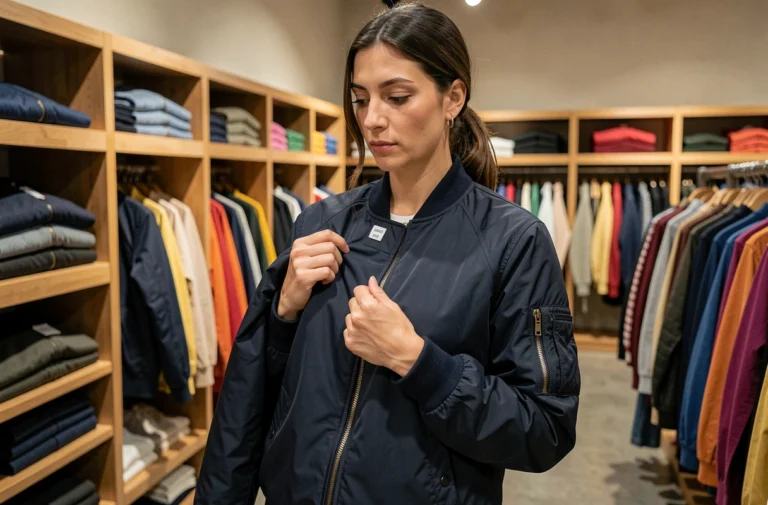 Femme consultant l'étiquette de taille d'un blouson dans une boutique de vêtements