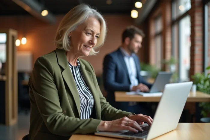 Femme en veste verte optimisant son temps grâce à la connexion Liloo BSK dans un espace de coworking
