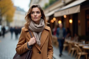Femme élégante portant un manteau camel et un foulard en soie avec un sac en cuir structuré dans une rue parisienne en automne