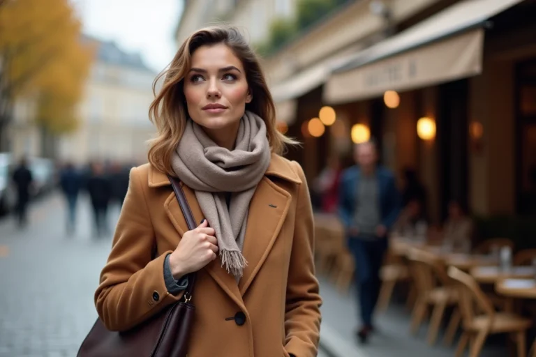Femme élégante portant un manteau camel et un foulard en soie avec un sac en cuir structuré dans une rue parisienne en automne