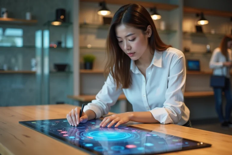 Femme explorant les innovations technologiques sur une tablette tactile dans un espace tech moderne