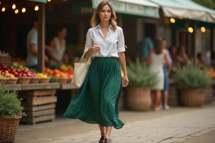 Femme en jupe verte midi et mocassins marron foncé se promenant dans un marché extérieur