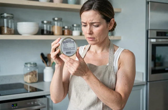 Femme lisant l'étiquette nutritionnelle d'une boîte de sardines dans une cuisine moderne