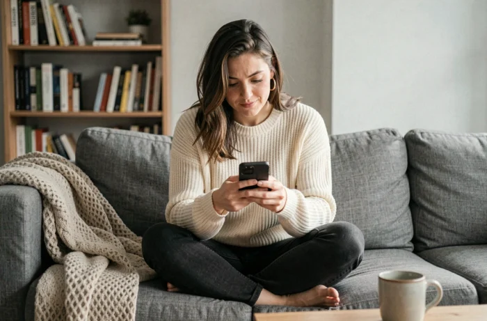 Femme lisant un message 'salut toi' sur son téléphone avec une expression pensive et amusée