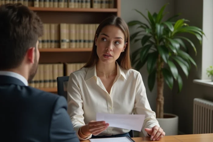 Femme locataire consultant un conseiller juridique pour faire valoir ses droits face à une location au noir