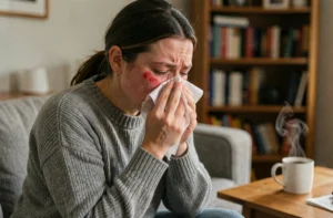 Femme adulte se mouchant dans un tissu blanc sur un canapé, expression de fatigue liée à un rhume ou une sinusite
