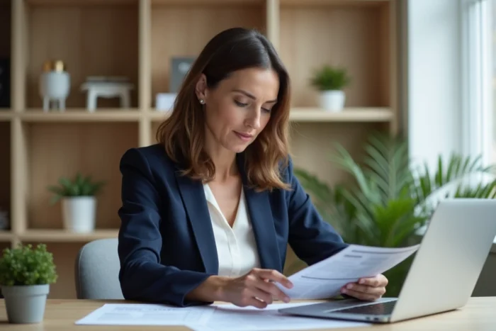 Femme consultant les taux d'un compte à terme Crédit Agricole sur son ordinateur portable dans un bureau à domicile