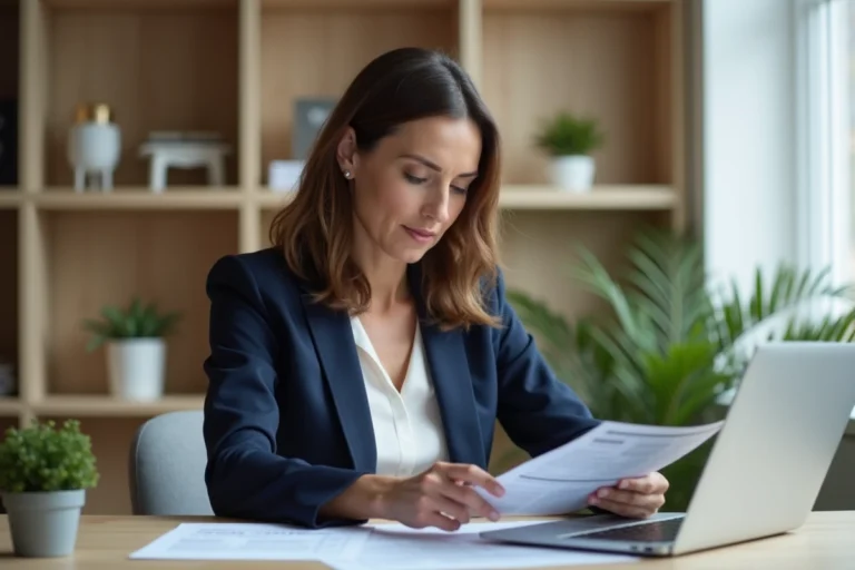 Femme consultant les taux d'un compte à terme Crédit Agricole sur son ordinateur portable dans un bureau à domicile