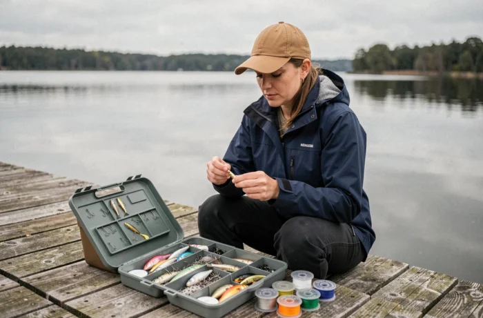 Mulher pescadora organizando seu material de pesca em um pontão de madeira à beira de um lago calmo